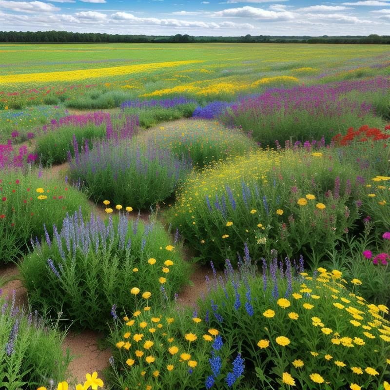 Wildflowers blooming in warm sunlight