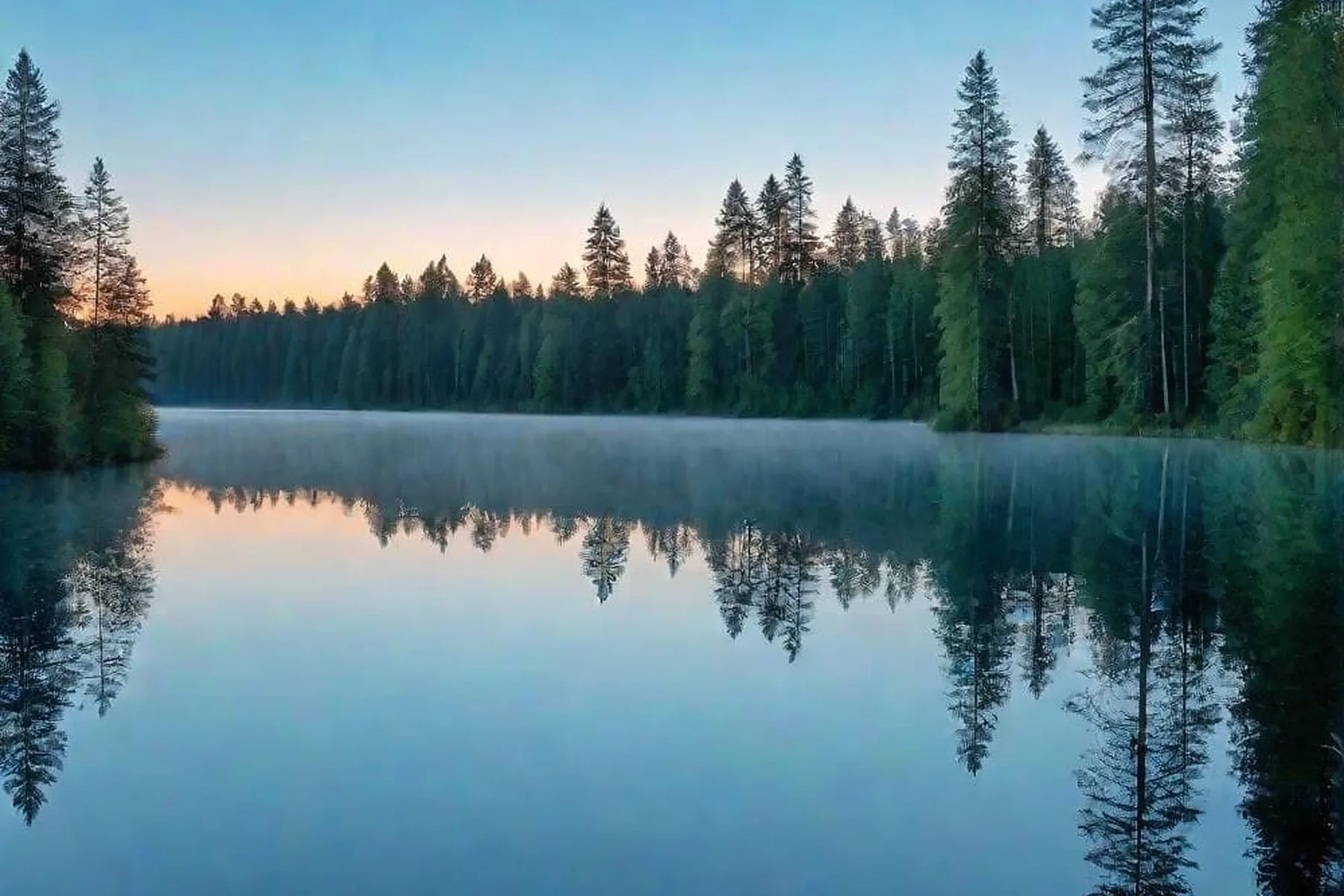 First light and mist over a still lake
