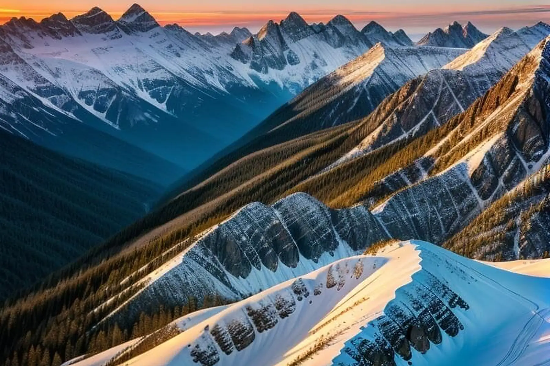 Snow-streaked ridgelines at dawn