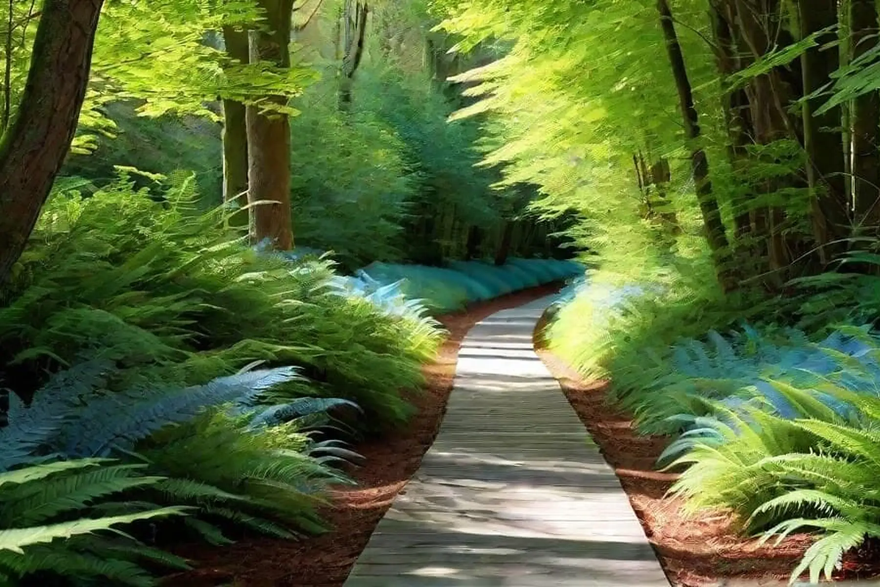 Boardwalk through green forest